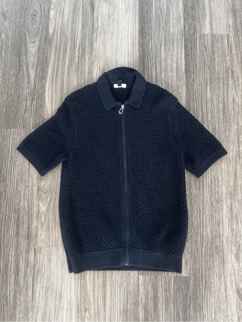 Reiss Navy Textured Short-Sleeve Zip-Up Sweater
